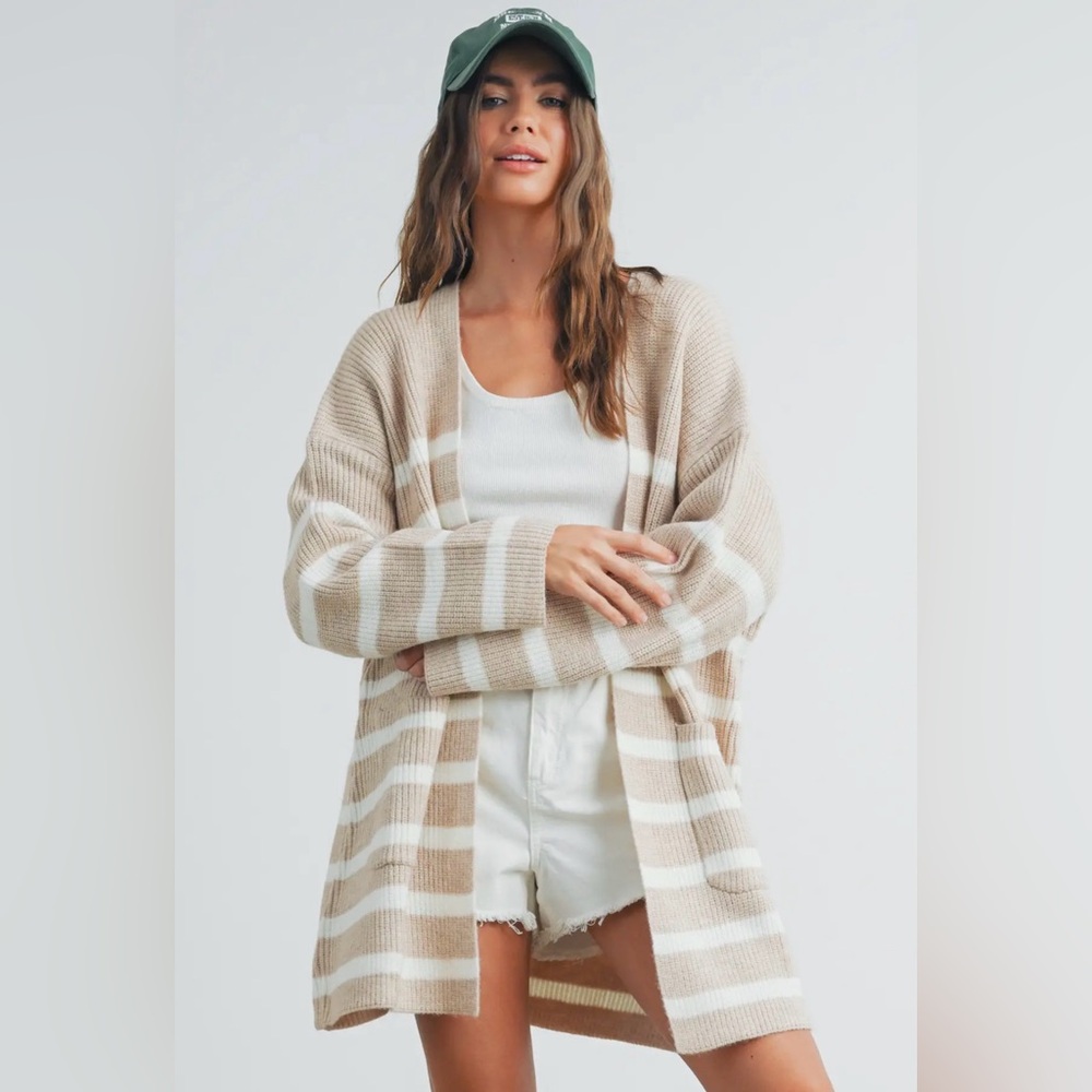 BUTTERMELON Striped Tan Oversized Cardi Sweater